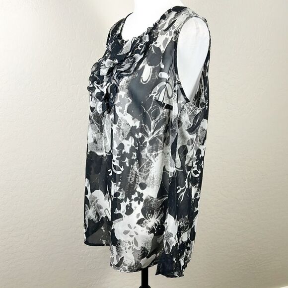 Lane Bryant Floral Ruffle Blouse Black Gray White Sheer Sleeveless Top 16 Plus - Picture 4 of 10